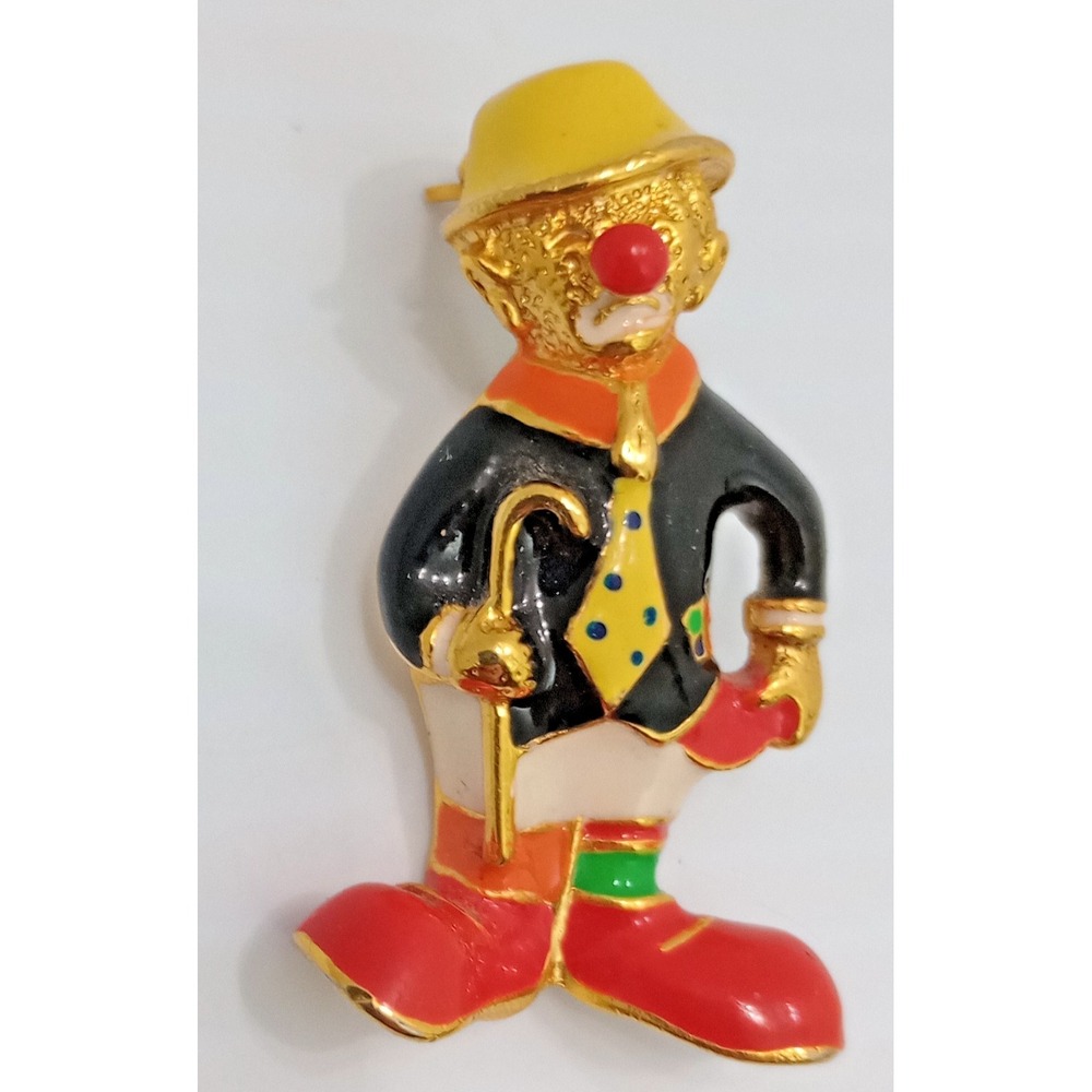 Vintage Clown Brooch Enamel‎ Gold Tone Figural Circus Pin 1 1/2 Inch - Picture 3 of 8